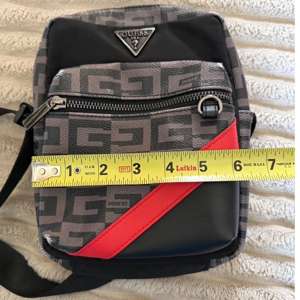 Guess USA Crossbody Messenger Bag Grey Black Geometric Logo‎ Red Stripe Small